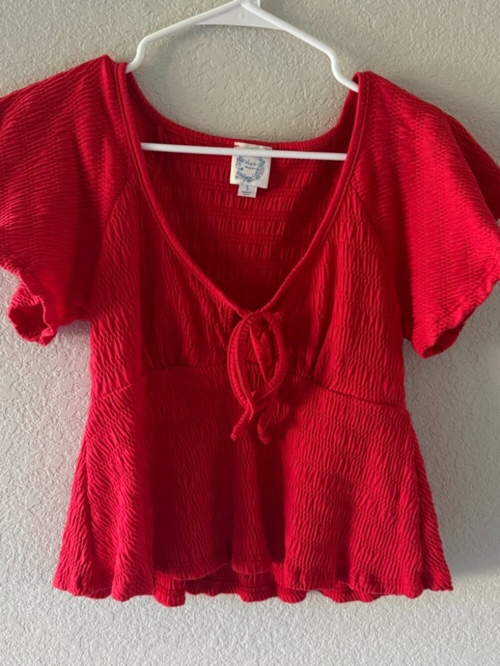 Blue Rain Red Smocked Peplum Top with Flutter Sleeves Size S